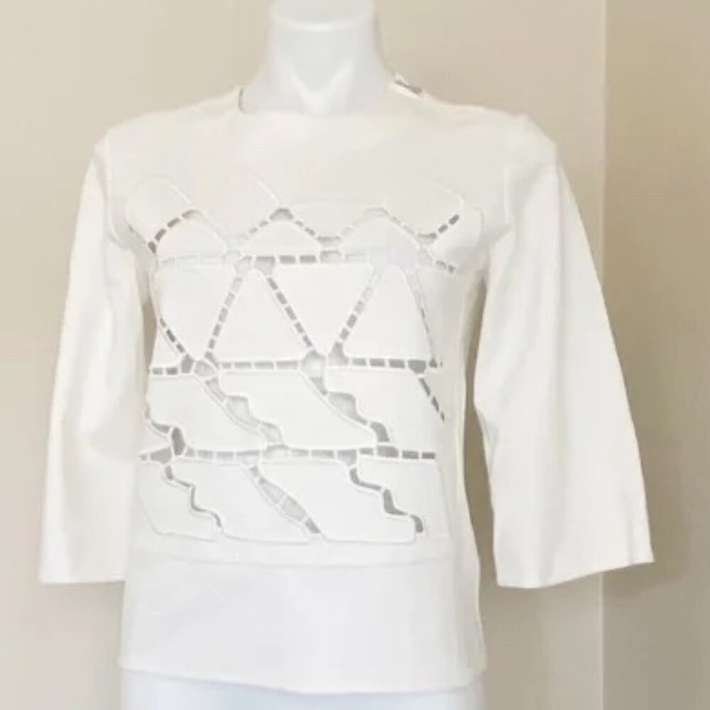 Tibi Cream Laser Cut Long Sleeve Top – XS – Elegant Minimal